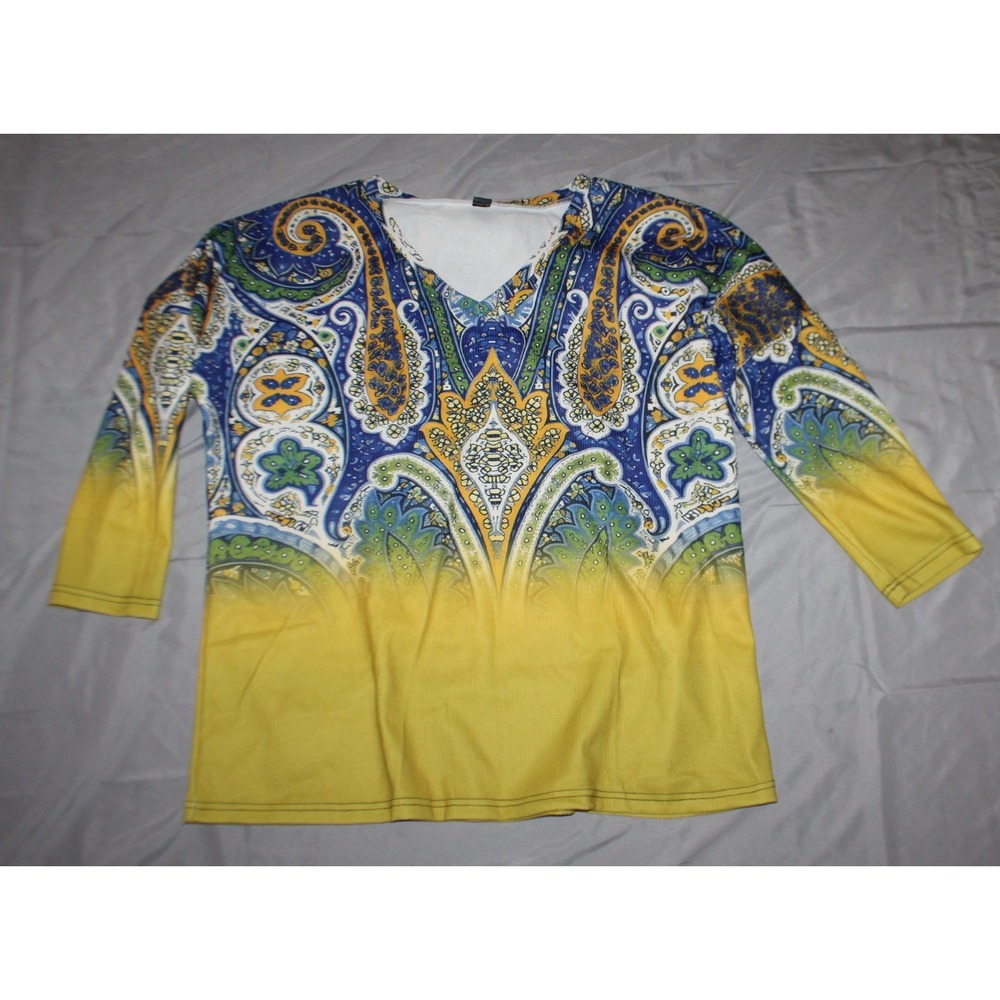 Women's long sleeve paisley print top size L  Yellow